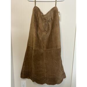 NWT Bernardo Cognac Brown 100% Leather Suede A-Line Laser Cut Midi Max Skirt 12
